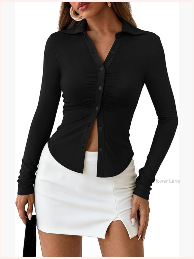 V Neck Button Down Ruched Slim Fit Long Sleeve Blouse